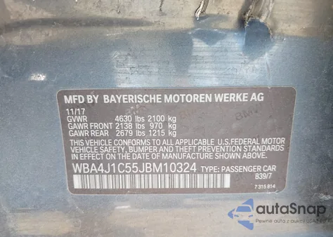 2018 BMW 430I Gran Coupe z USA, uszkodzony, nr VIN WBA4J1C55JBM10324